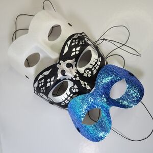 Elegant Masquerade Mask 3 Set White, Black, and Blue. Malabar Ltd Made In Italy